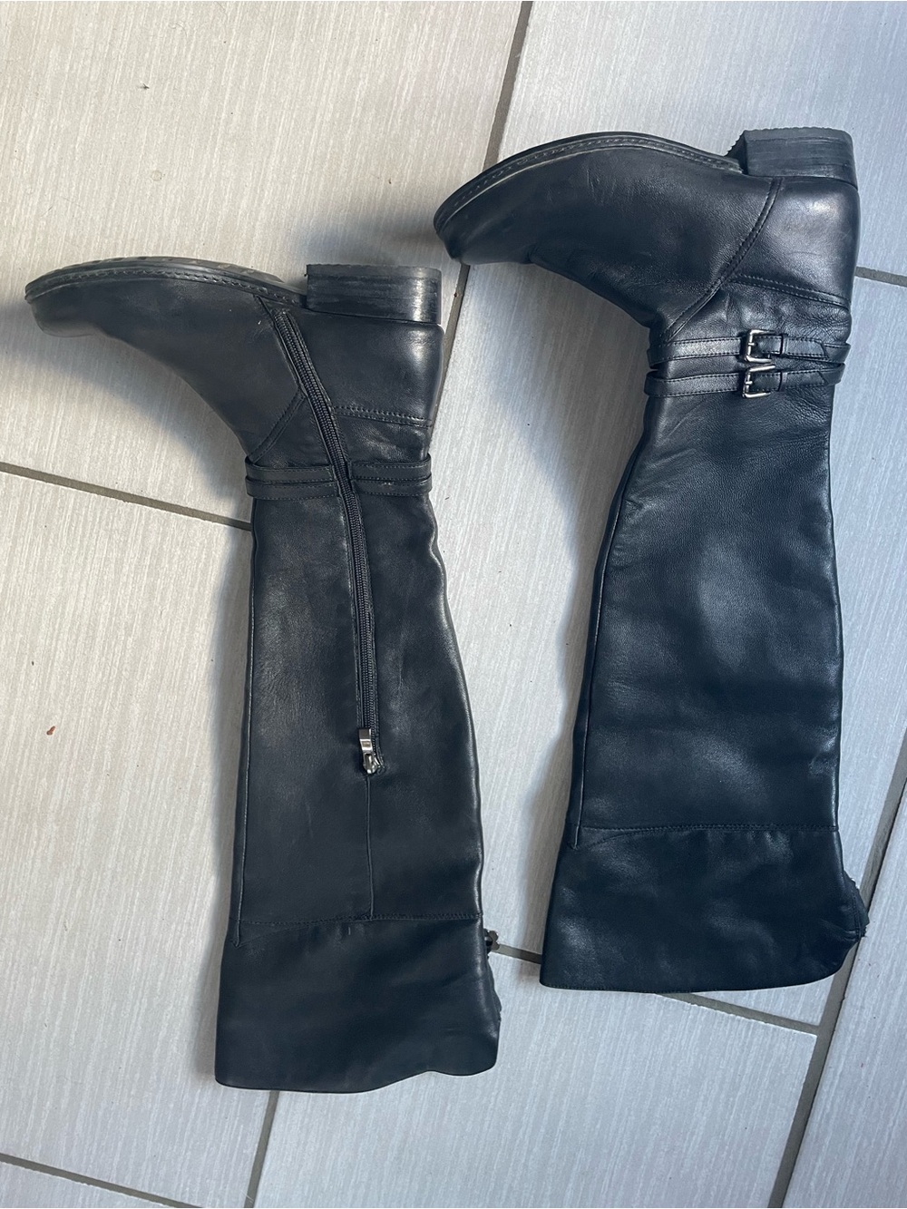 bloom Black Over-the-Knee Leather Boots with Buckle Detail